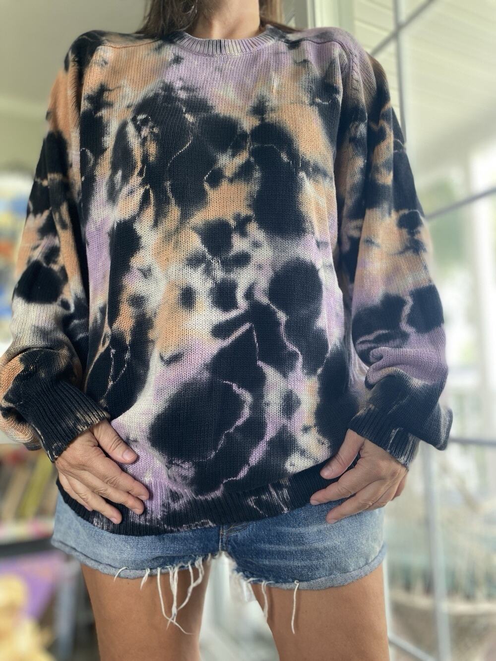 Furst of a Kind Distressed Tie Dye Sweatshirt Black Tan Oversized M L